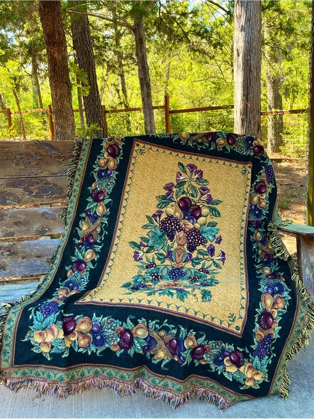 Vintage Old World Italy Woven Fruit Floral Harvest Theme Throw Blanket fringe